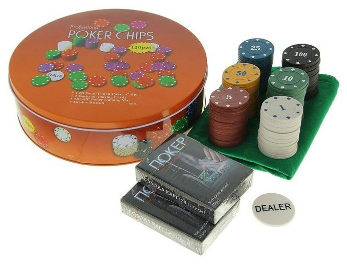 Покер, набор для игры (карты 2 колоды, фишки с номин.120 шт, сукно 40х60 см) микс. "Микс" - один из товаров представленных на фото, без возможности выбора.