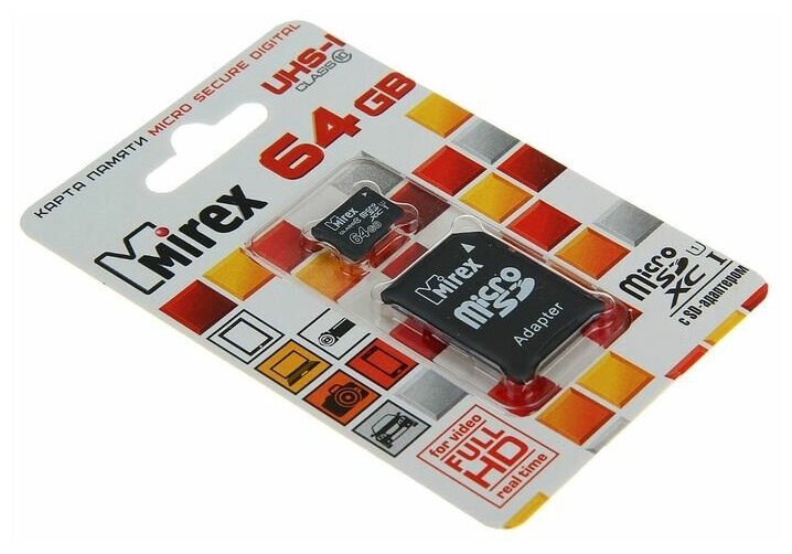 Карта памяти Mirex microSD, 64 Гб, SDXC, UHS-I, класс 10, с адаптером SD Mirex 1910888 .