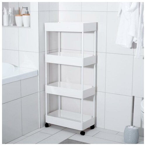 Этажерка напольная, 4-х секционная, на колёсиках, 40×21,7×90 см, цвет белый