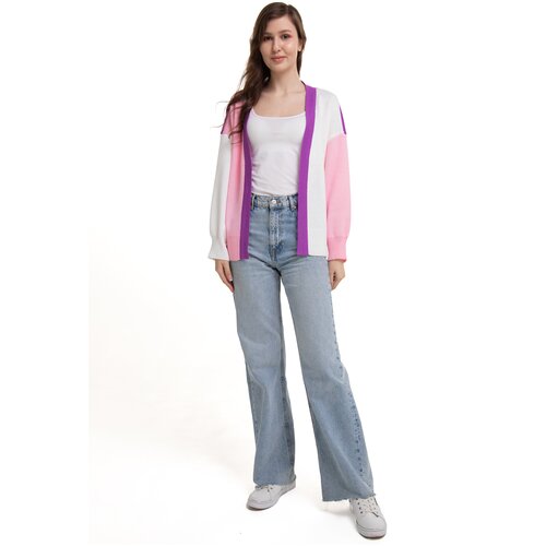 Кардиган Трёхцветный Veronika Style 0306-01 оверсайз, цвет сирень-белый-розовый