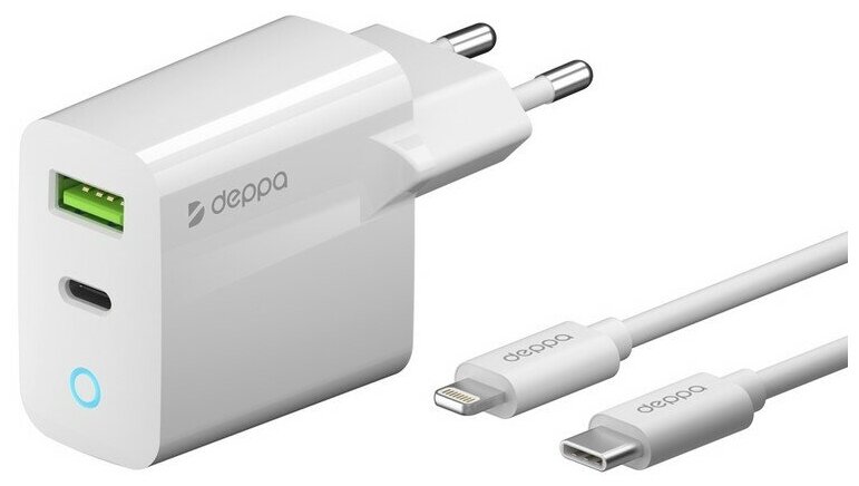 Адаптер питания Deppa USB A + USB-C Power Delivery 3.0А QC 3.0 20Вт D-11396 кабелем Lightning to Type-C (MFI)(5В/ 3А) Белый