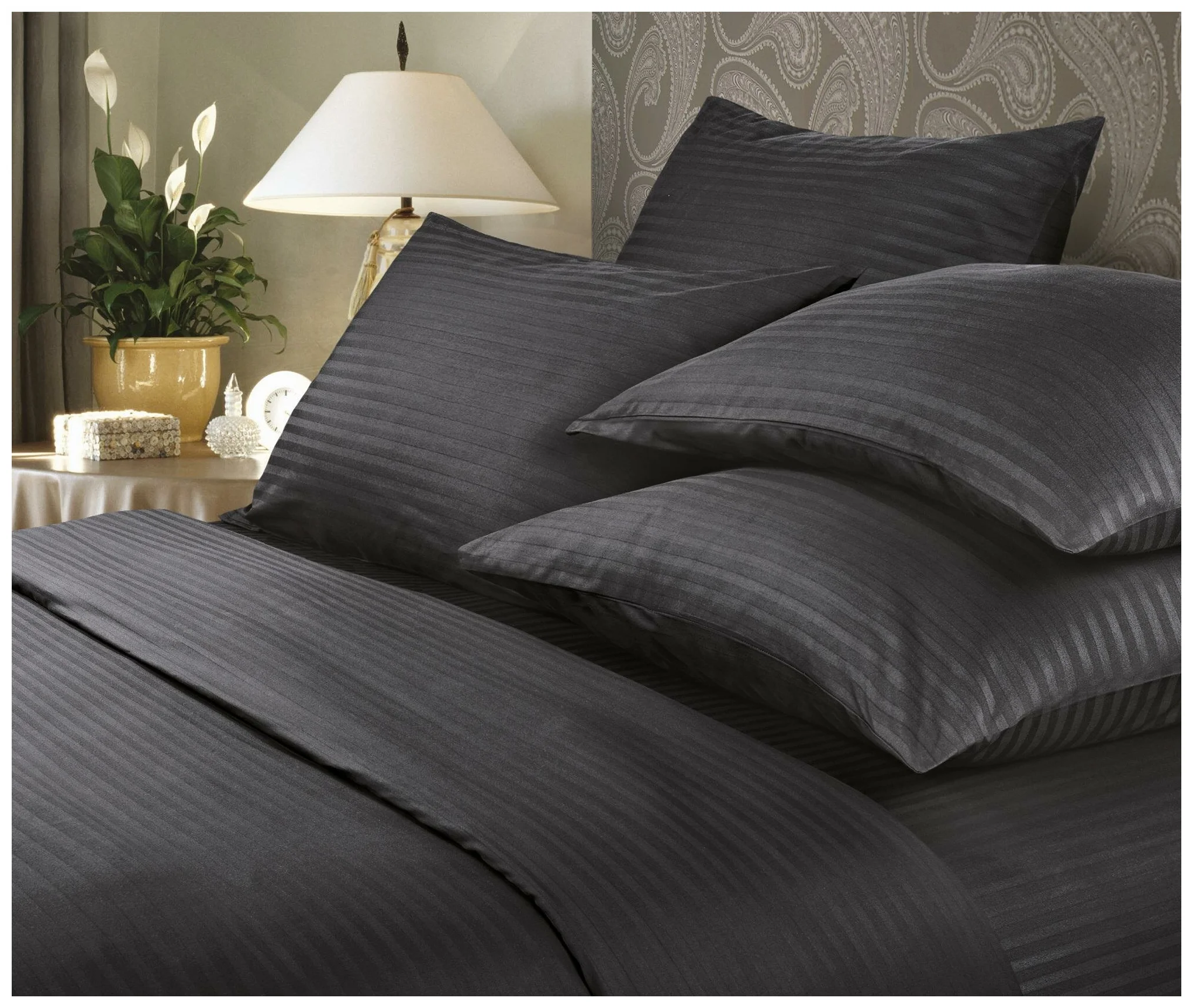 Комплект постельного белья Verossa Stripe, 2-спальное с европростыней, страйп-сатин, black - фотография № 2