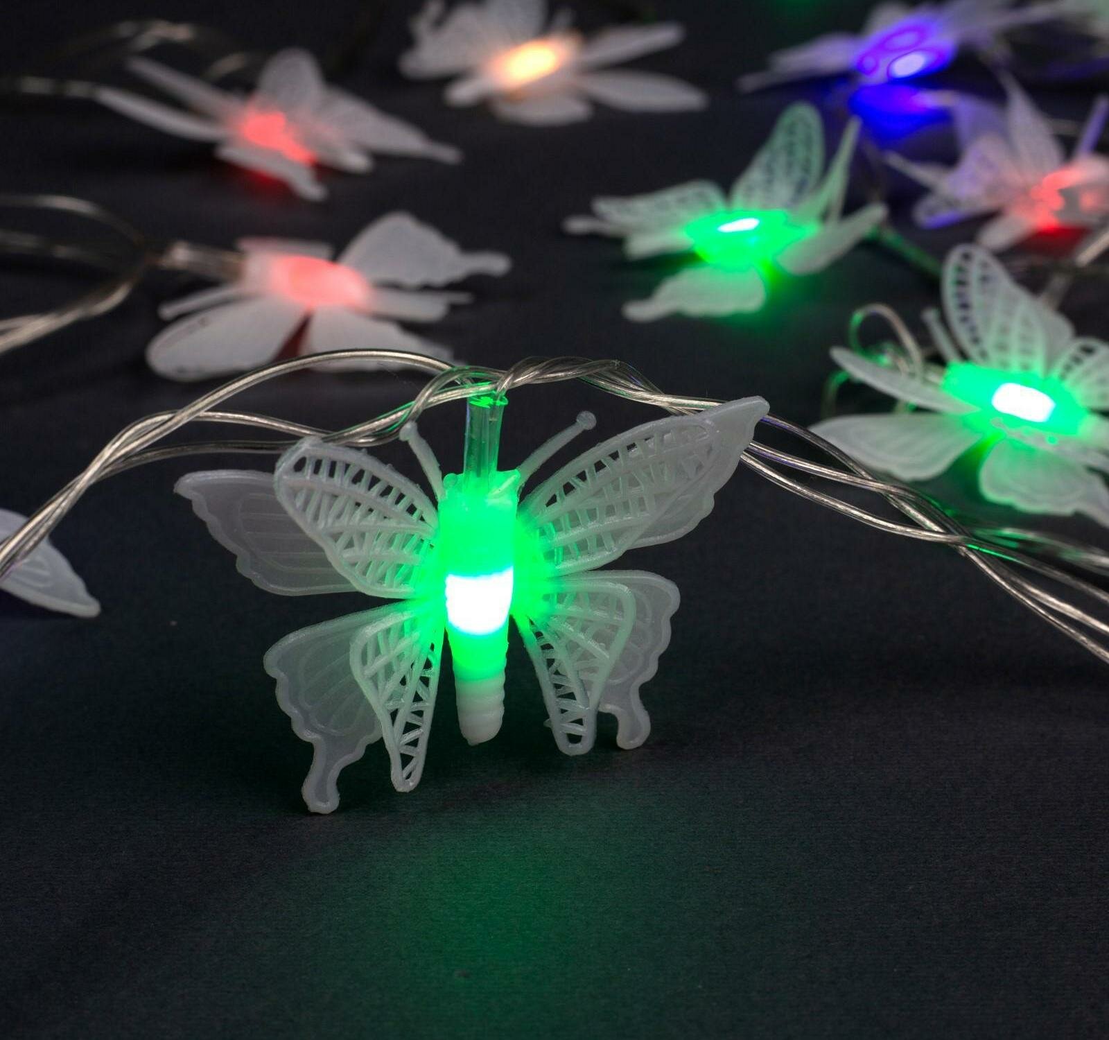 фото Гирлянда "Нить" 5 м с насадками "Бабочки малые", IP20, прозрачная нить, 20 LED, свечение мульти (RG/RB), мигание, 220 В