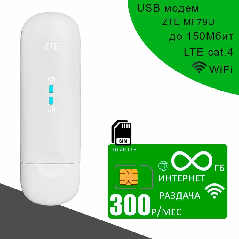 Комплект I Модем ZTE MF79U (RU) I Сим карта с безлимитным интернетом и раздачей за 300р/мес.