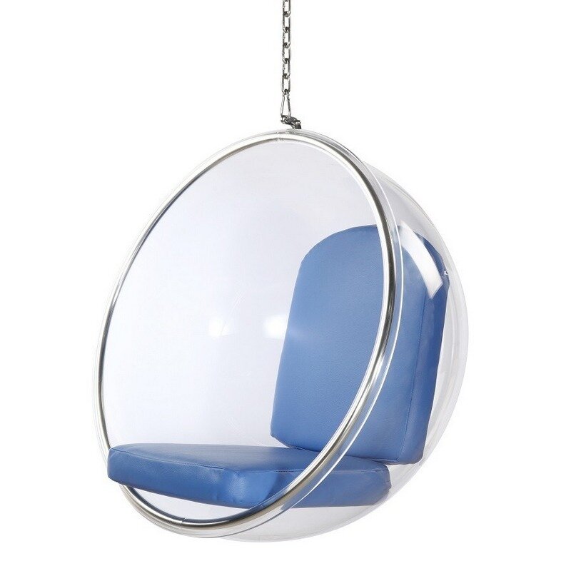 Кресло пузырь Bubble Chair, прозрачное подвесное размер 113 см (синий, лён)
