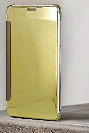 Чехол-книжка для Samsung Galaxy A11 с дизайном Clear View Cover с полупрозрачной пластиковой крышкой зеркальная золотая