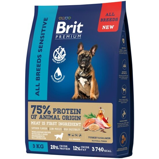 Корм сухой Brit Premium Dog Sensitive для взрослых собак всех пород с чувствительным пищеварением, с лососем и индейкой 3 кг — фото 1