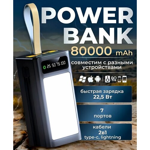 Пауэрбанк 80000мАч Зарядное устройство Внешний аккумулятор Быстрая зарядка 7 портов2 кабеля PowerBank черный 3850₽