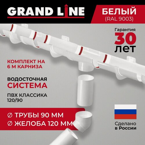 Изображение товара Комплект водосточной системы Grand Line 6м, ПВХ 120мм/90мм белый RAL 9003