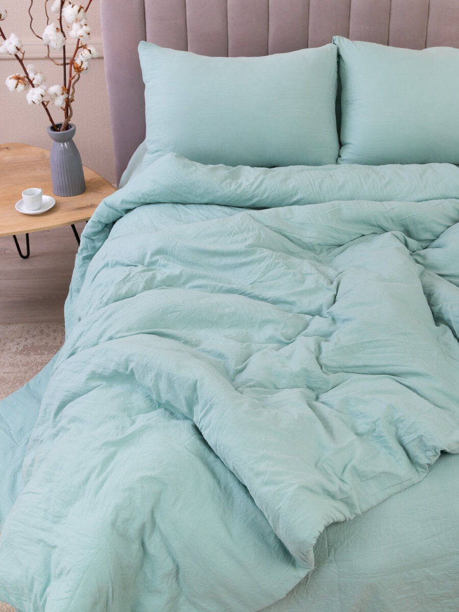 Постельное белье 2-спальное с европростыней 220х240 см, Tessolo Home жатка полисатин, мятный