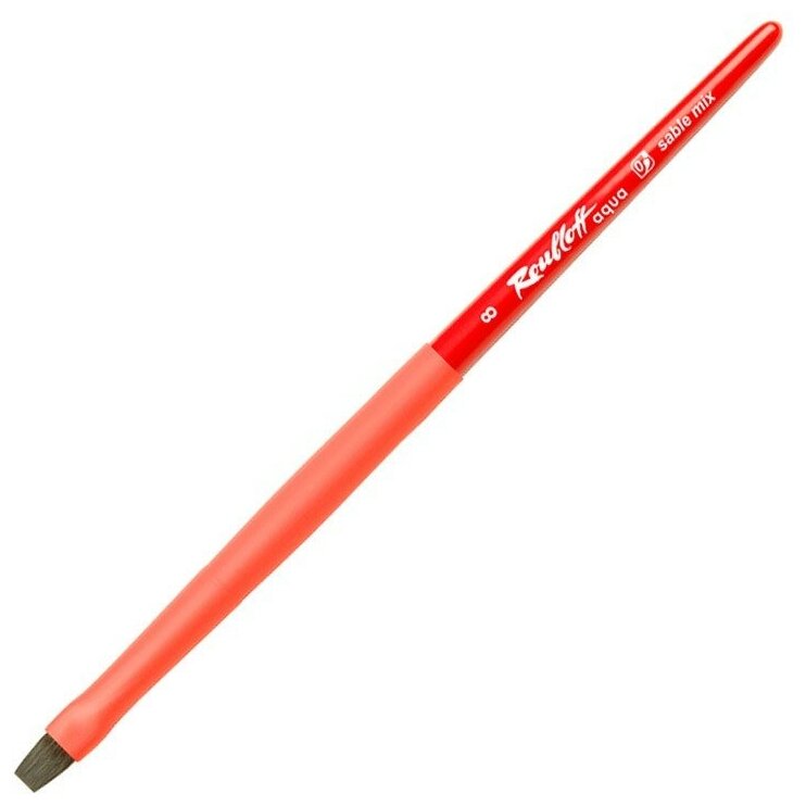 Кисть соболь-микс №8 плоская Roubloff "Aqua" ручка короткая красная, покрытие обоймы soft-touch - фото №1