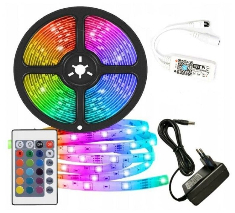 фото Светодиодная лента GSMIN B94 с Wi-Fi адаптером и пультом SMD 5050, 150 LED, IP65, 12V (RGB) 5 метров