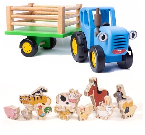 Трактор Bochart Синий трактор с прицепом и комплект животных, ВТ104 и ПЗЛ2022, разноцветный