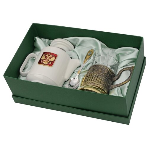 Чайный набор с подстаканником и фарфоровым чайником эгоист-л, золотистый/белый