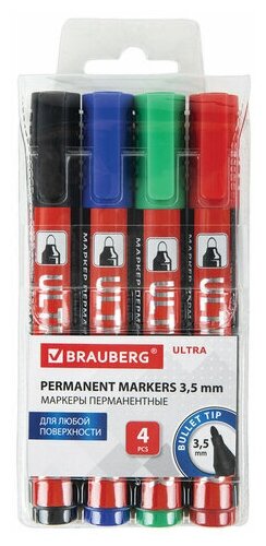 Маркеры перманентные BRAUBERG ULTRA MARKER набор 4 цвета круглый наконечник 3 5 мм, 4 шт