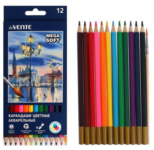 deVENTE Карандаши акварельные 12 цветов deVENTE Trio Mega Soft, 3 мм, шестигранные, в картонной коробке