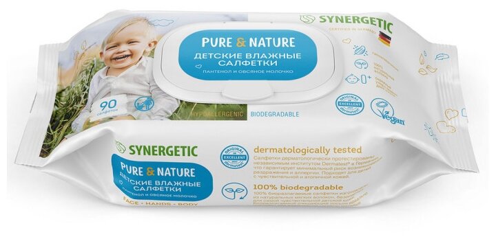 Салфетки влажные детские 0+ пантенол и овсяное молочко гипоаллергенные Pure&Nature Synergetic 90шт Авангард ООО - фото №2
