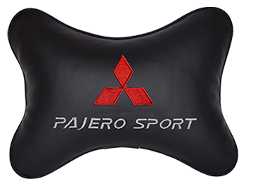 Автомобильная подушка на подголовник экокожа Black c логотипом автомобиля MITSUBISHI Pajero Sport