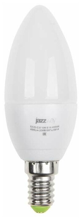 JazzWay Лампа светодиодная PLED-ECO-C37 5Вт свеча 4000К бел. E14 400лм 220-240В JazzWay 1036865A (упаковка 5 шт)