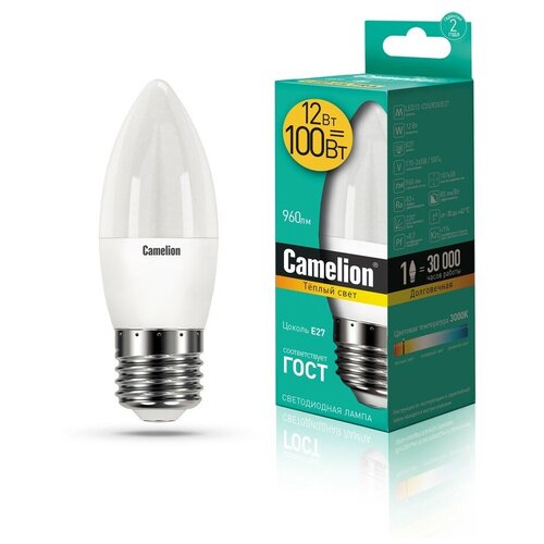 фото Эл.лампа светодиодная свеча led12-с35/830/e27 (12w=100вт 960lm 220в) camelion