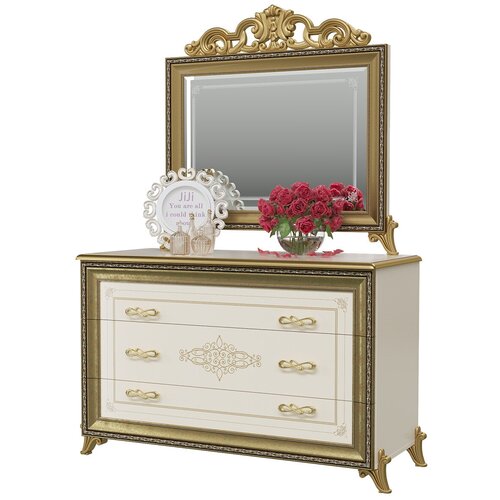 Комод 3 ящика Версаль СВ-06 с зеркалом с короной цвет слоновая кость