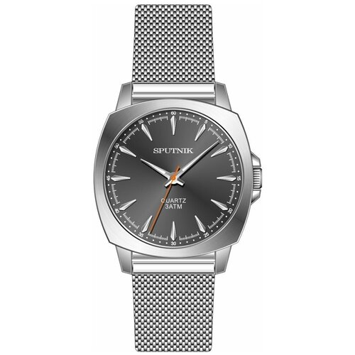 фото Часы российские, классические, повседневные наручные, кварцевые, круглые, на батарейке, мужские, серебристый металлический браслет, серый циферблат спутник 997010-1серый