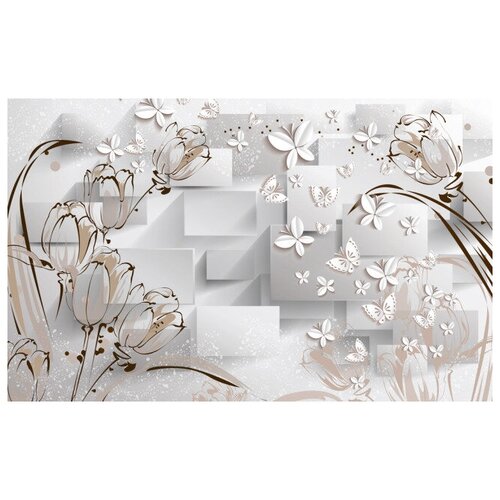 Фотообои Уютная стена Тюльпаны и бабочки 3D 430х270 см Бесшовные Премиум (единым полотном)