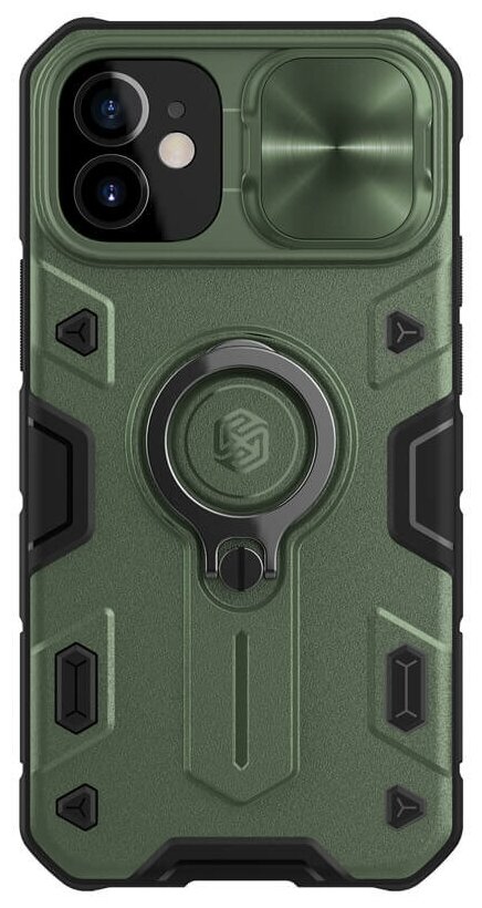 Противоударный чехол с кольцом и защитой камеры Nillkin CamShield Armor Case для iPhone 12 Mini зеленый
