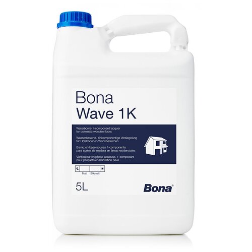 Паркетный лак Bona Wave 1K (лак для паркета Бона), воднодисперсионный полиуретано-акриловый лак, для покрытия полов с умеренной и средней нагрузкой, полуматовый, 5 л.