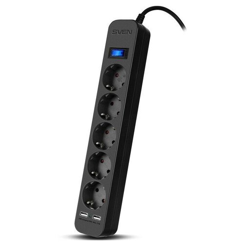 Фильтр SVEN SF-05LU 1,8 м (5 евро розеток,2*USB(2,4А)) черный, цветная коробка - Surge protector SVEN SF-05LU 1,8 м (5 евро розеток,2*USB(2,4А)) черный, цветная коробка сетевой фильтр sven sf 05lu 3 0 м 3м 5р 2 usb белый sv 017415