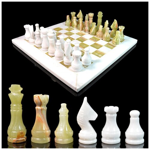 фото Радугакамня шахматы из мрамора белого и оникса зелёного 300*300мм