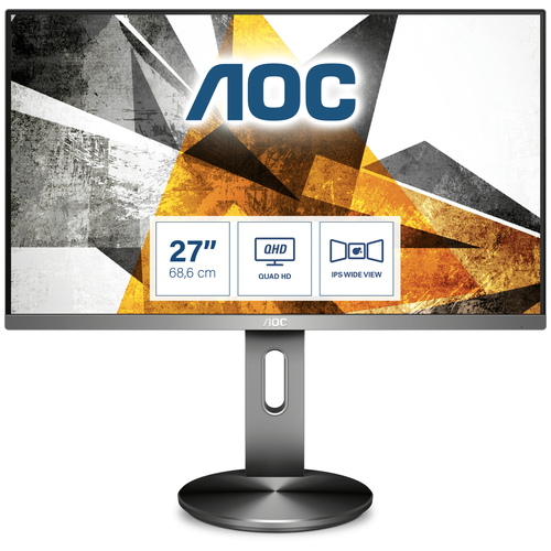 AOC Монитор LCD 27'' [16:9] 2560х1440(WQHD) IPS, nonGLARE, 350cd/m2, H178°/V178°, 1000:1, 100M:1, 16.7M, 5ms, VGA, 2xHDMI, DP, USB-Hub, Height adj, Pivot, Tilt, Swivel, Audio out, 3Y, Grey