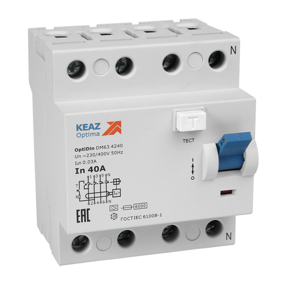 Выключатель дифференциального тока (УЗО) 4П 25А 30мА AС OptiDin DМ63-4225-AС-УХЛ4 | код. 254201 | КЭАЗ ( 1шт. )