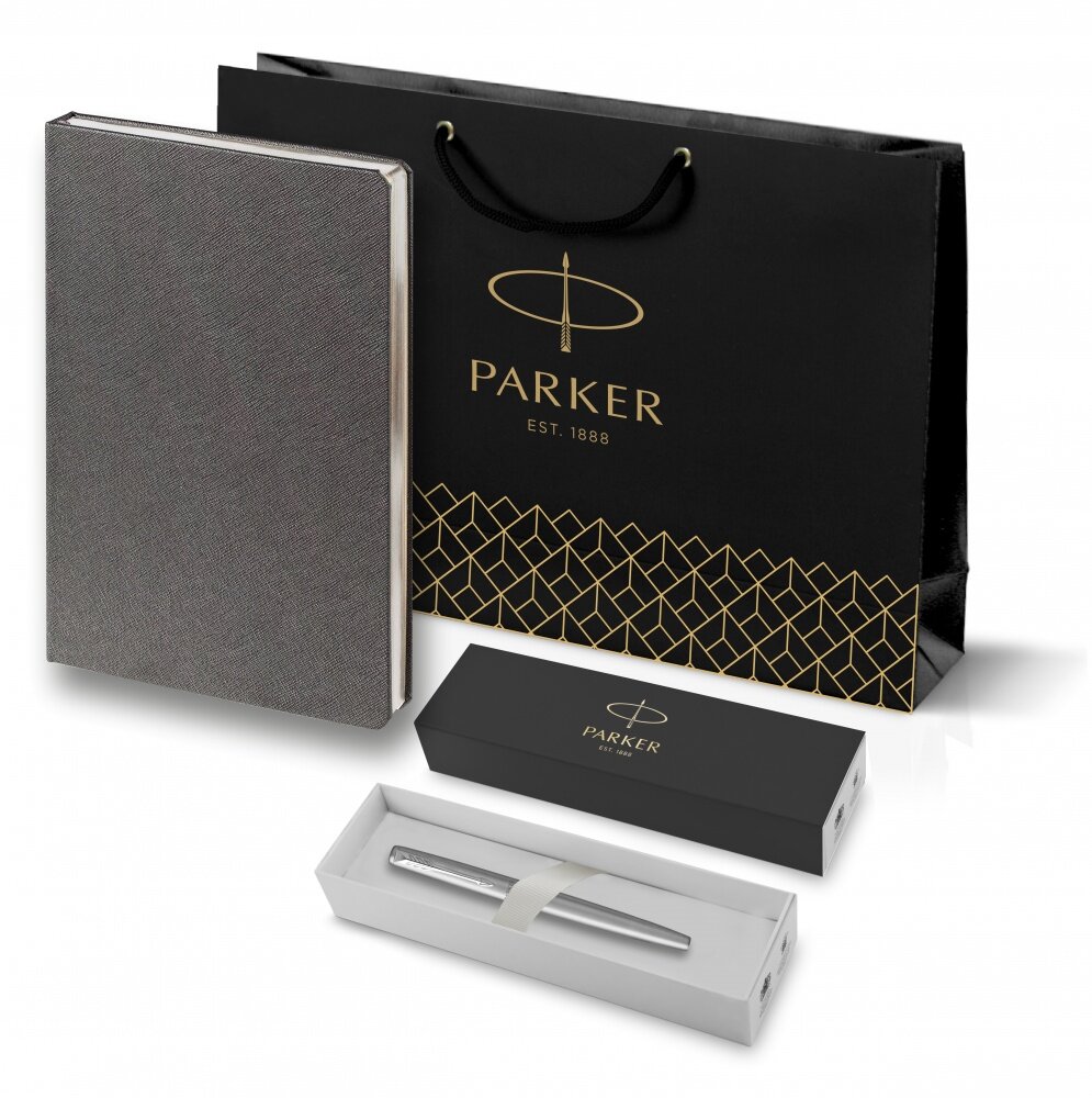 Подарочный набор: Ручка перьевая Parker Jotter Stainless Steel и Ежедневник недатированный серый