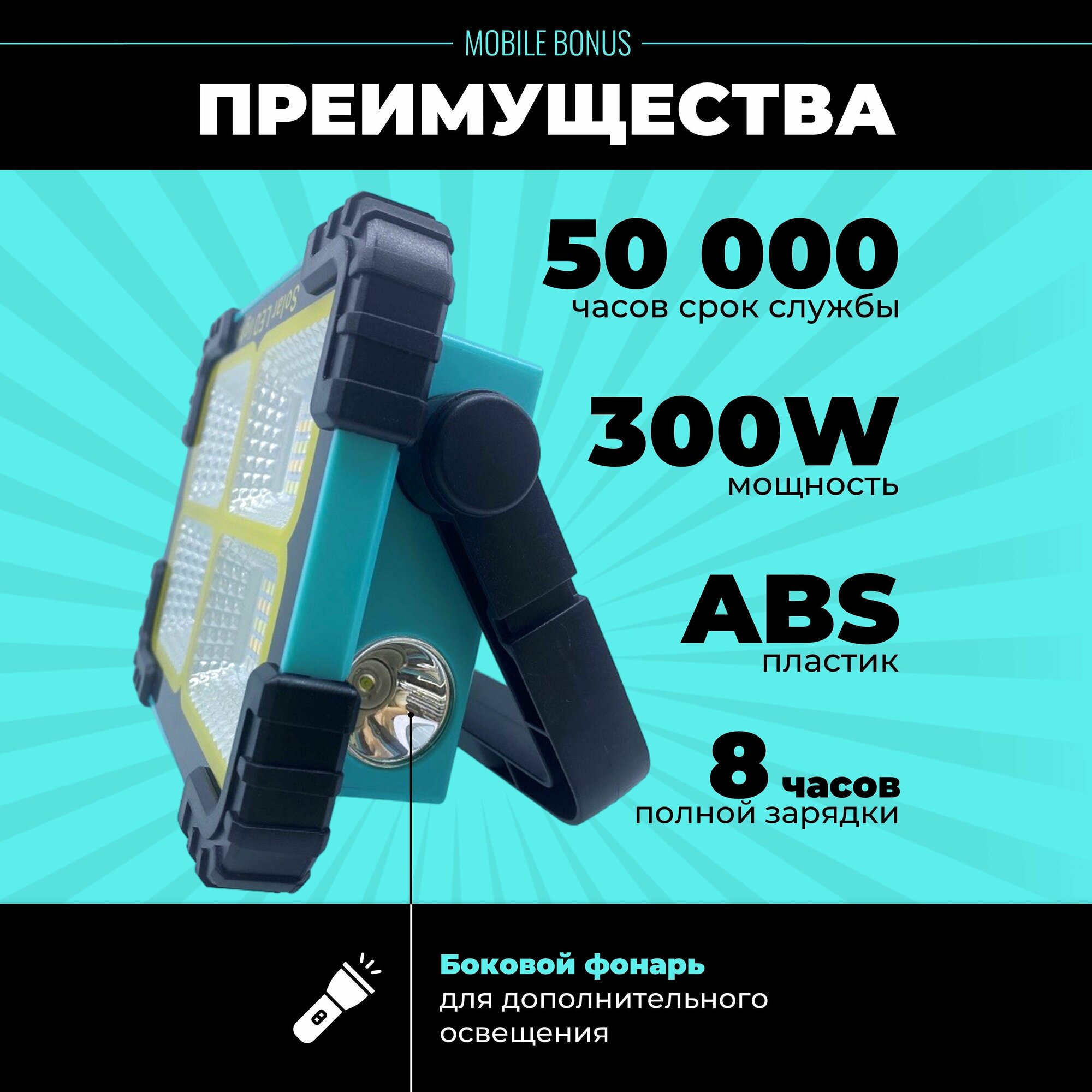 Фонарь кемпинговый / Фонарь прожектор мощный аккумуляторный светодиодный на солнечной батарее Power Bank с магнитными креплениями подвесной 4 режима — фото 1