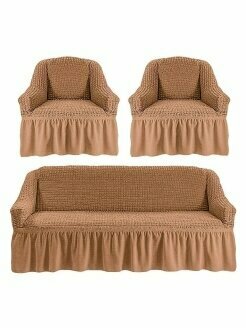 Чехол на диван и 2 кресла с оборкой, диван трехместный на резинке, универсальный, чехол для мягкой мебели, комплект