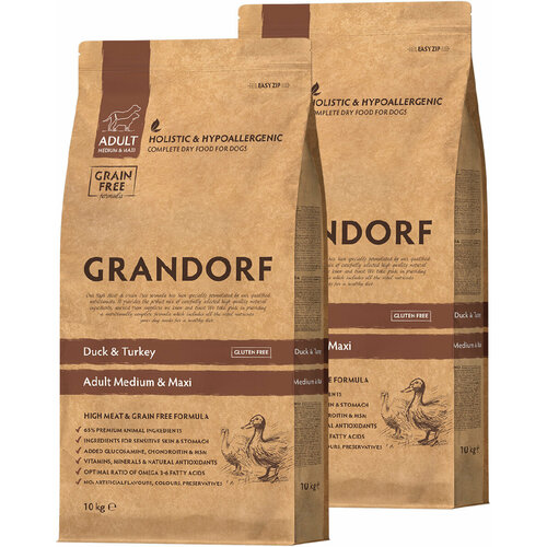 GRANDORF GRAIN FREE DOG ADULT MEDIUM & MAXI DUCK & TURKEY беззерновой для взрослых собак средних и крупных пород с уткой и индейкой (10 + 10 кг) zooring adult dog standart для взрослых собак средних и крупных пород с птичьим миксом и рисом 10 10 кг