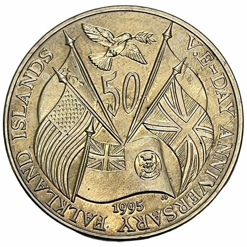 Фолклендские острова 50 пенсов 1995 г. (50 лет Дню Победы в Европе) (CN) клуб нумизмат монета 50 пенсов фолклендских островов 1995 года серебро королева мать