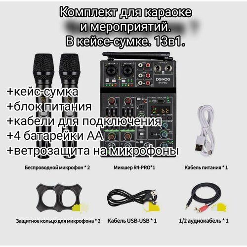 Готовый комплект для караоке, в кейсе-сумке. DGNOG - микшер с эффектами и Bluetooth, беспроводные микрофоны, коммутация. 13в1. Подарочный пак.