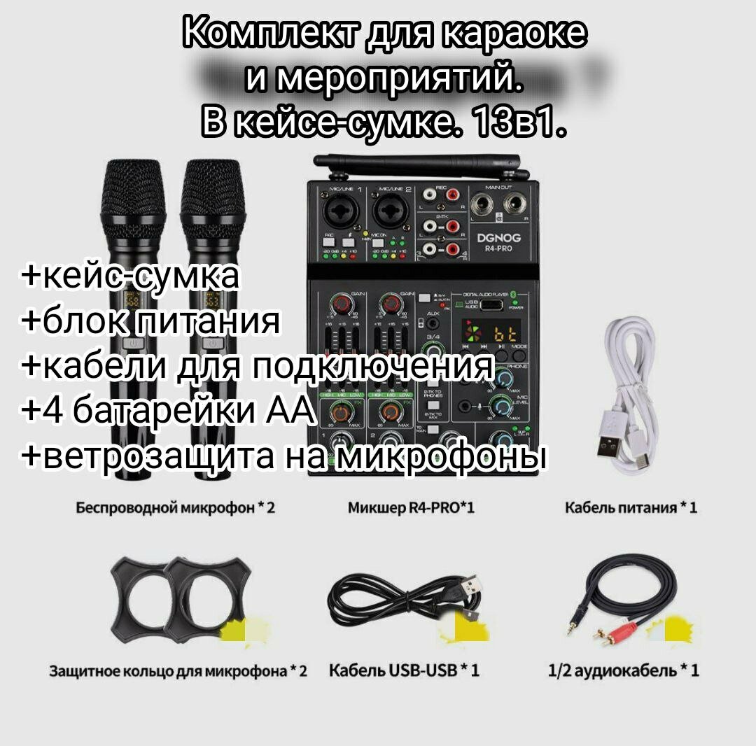 Готовый комплект для караоке, в кейсе-сумке. DGNOG - микшер с эффектами и Bluetooth, беспроводные микрофоны, коммутация. 13в1. Подарочный пак.