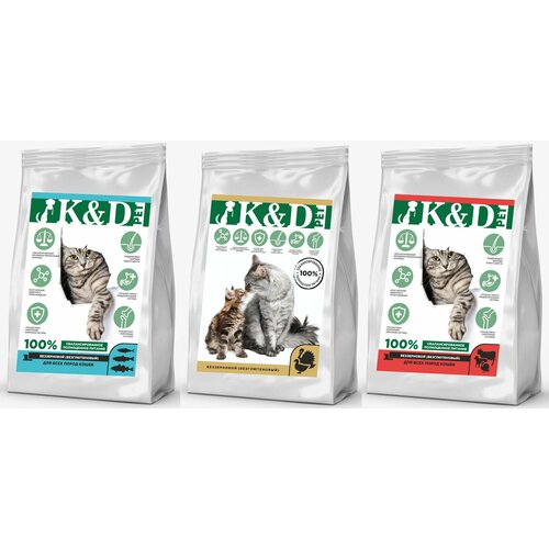 K&D pet Промо Ассорти из 3 Вкусов Беззерновой сухой корм для кошек в наборе 3шт по 2кг