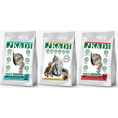 K&D pet Промо Ассорти из 3 Вкусов Беззерновой сухой корм для кошек в наборе 3шт по 1кг