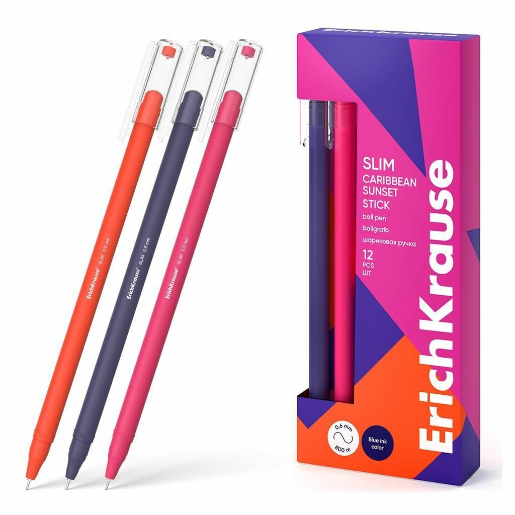Ручка шариковая ErichKrause Slim Stick CaribbeanSunset 0, 7мм игла (цветной корпус) синяя, 3 штуки