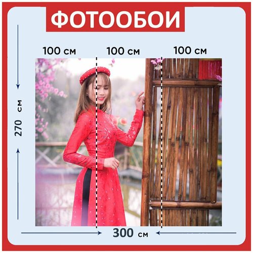 Фотообои Женщина ао дай персиковый цвет 300x270 см флизелиновыена стену 3950₽