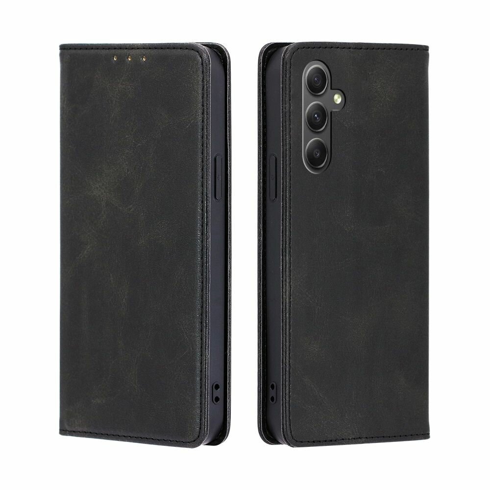 Чехол-книжка MyPads для Samsung Galaxy A34 5G / Самсунг А34 5G, Телячья кожа, закрывающаяся на магнит, черный