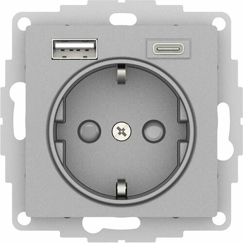 Розетка силовая со шторками 16А с 2 USB A+C 5В/2.4А//3.0А, 2х5В/1,5А Алюминий Schneider Electric Atlas Design ATN000332 серый, карбон