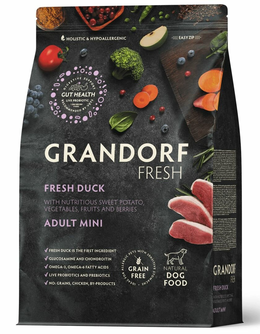 фото Сухой Беззерновой корм Grandorf Fresh с живыми пробиотиками для особо аллергичных собак мелких пород с чувствительным пищеварением, свежее мясо утки с бататом 1 кг
