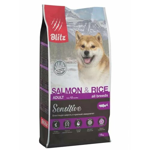Сухой корм для собак Blitz Adult Sensitive Salmon&Rice с лососем и рисом,15 кг