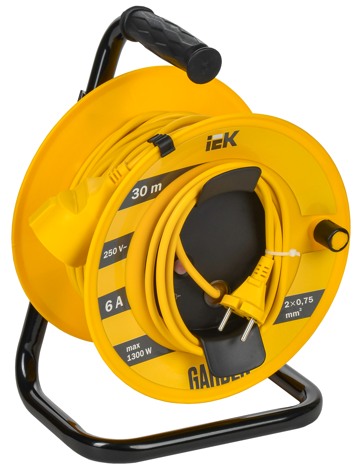 Удлинитель на катушке IEK GARDEN, 30м, 1300Вт, IP20, 2х0.75мм2 ПВС, 1 розетка, желтый, без заземления — фото 1