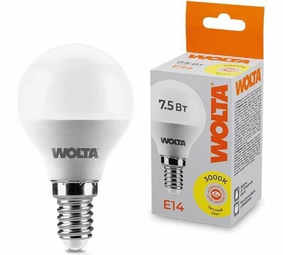 Светодиодная лампа Wolta ШАР LED 7.5Вт 3000K Теплый свет цоколь E14 625 лм 25Y45GL7.5E14